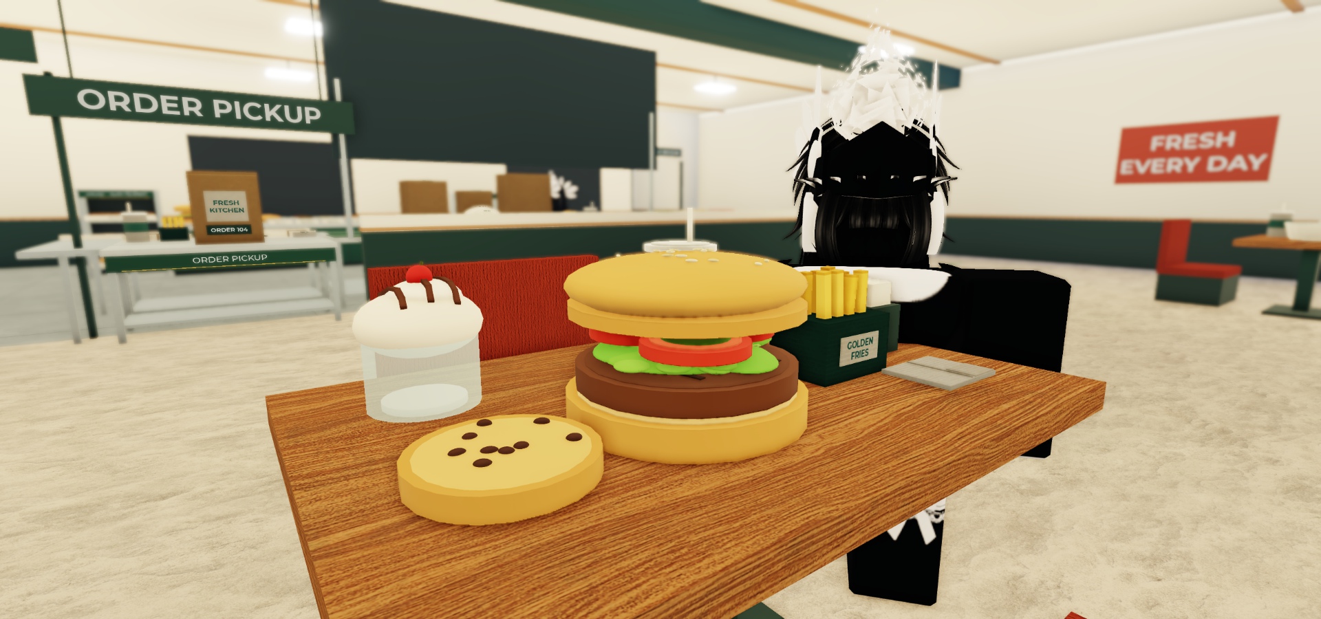 Burger meal on the counter with a chef behind it in Fast Food Job Simulator