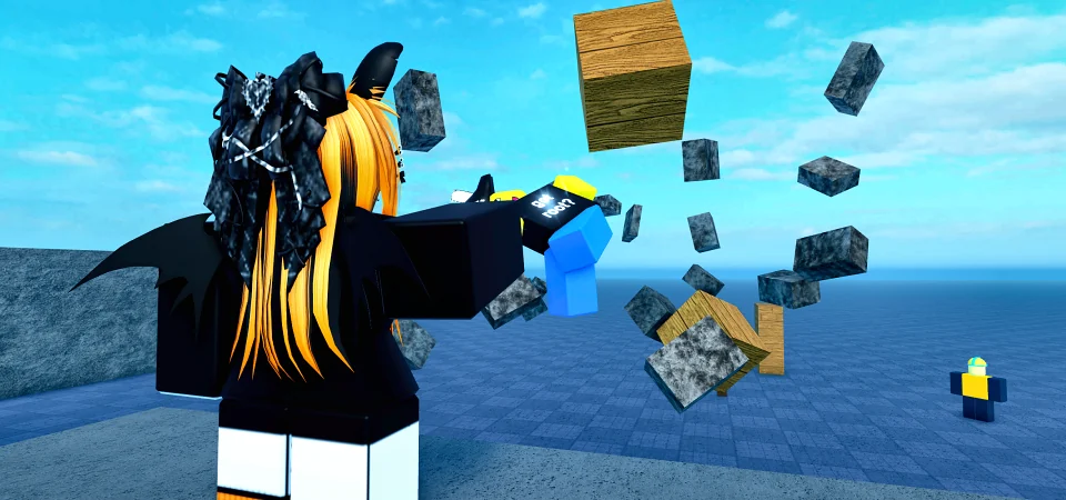 A player holds a ragdolled dummy in the air with the Force while rocks and crates float around it in Force Testing