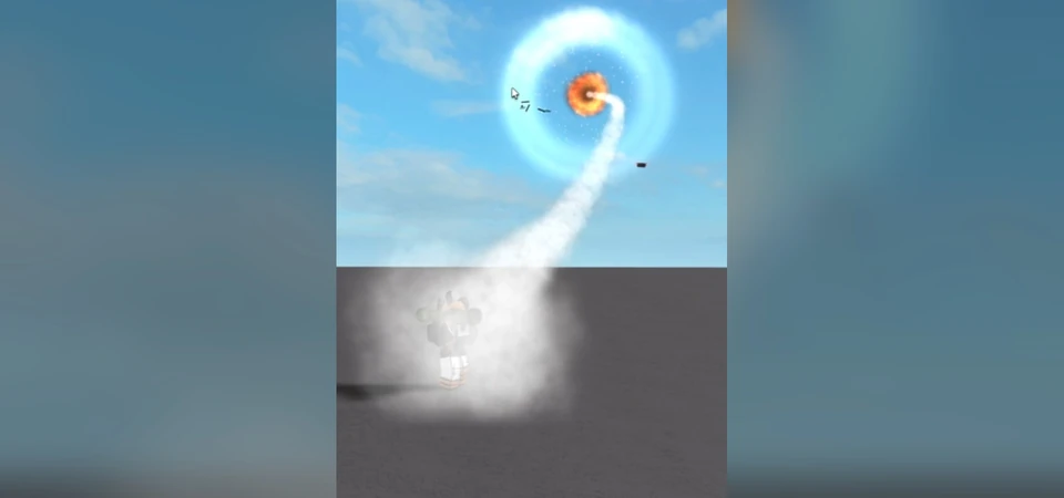 A player fires the homing rocket launcher and the rocket curls into a spiral smoke trail before exploding in the sky in HRL System