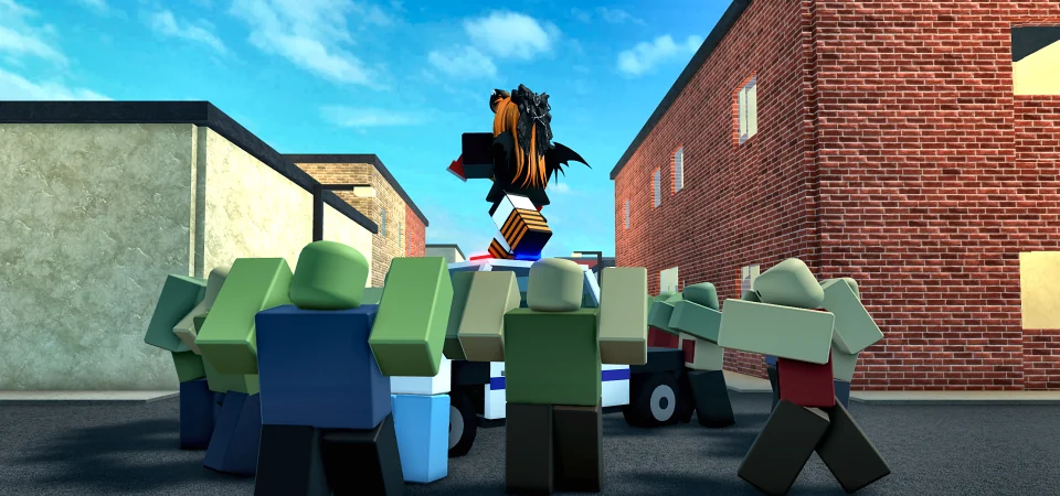 Zombies surround a police car with a survivor standing on the roof in Zomboid